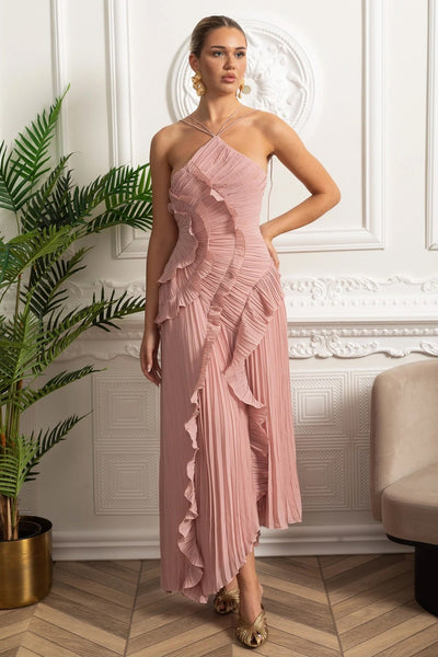 Mariel | Pleated halter ruffle dress
