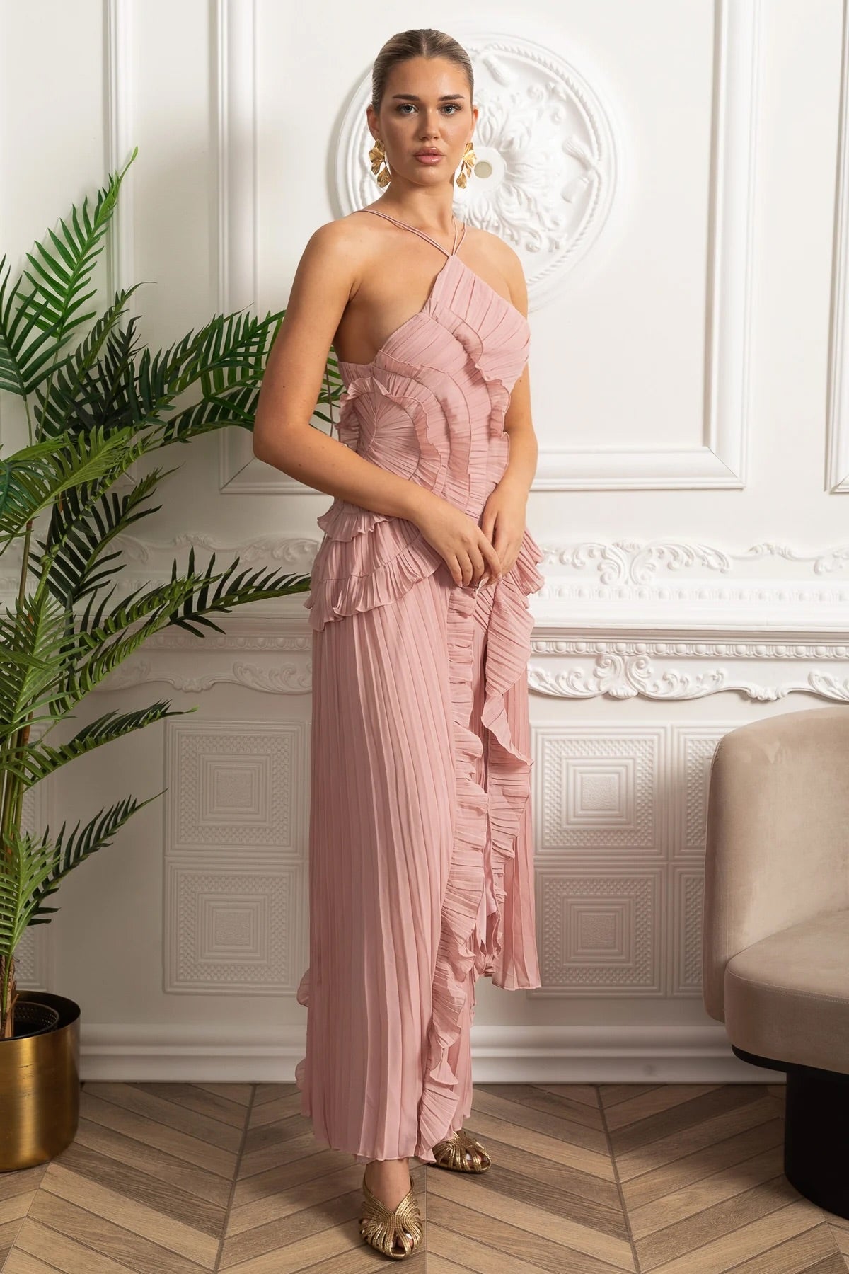 Mariel | Pleated halter ruffle dress
