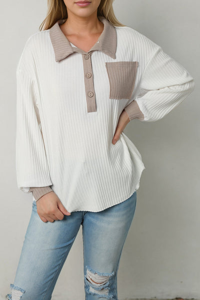 Manuela | Rib Knit Top with Contrast Collar and Pocket