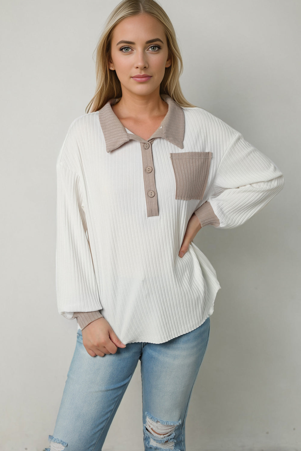 Manuela | Rib Knit Top with Contrast Collar and Pocket