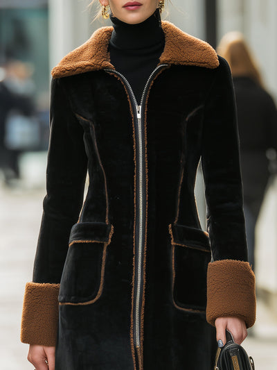 Elena | Long Plush Coat with Elegant Contrast Trim