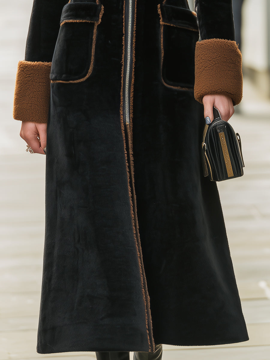 Elena | Long Plush Coat with Elegant Contrast Trim