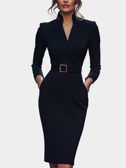 Zara | Belted Sheath Dress Mandarin Collar